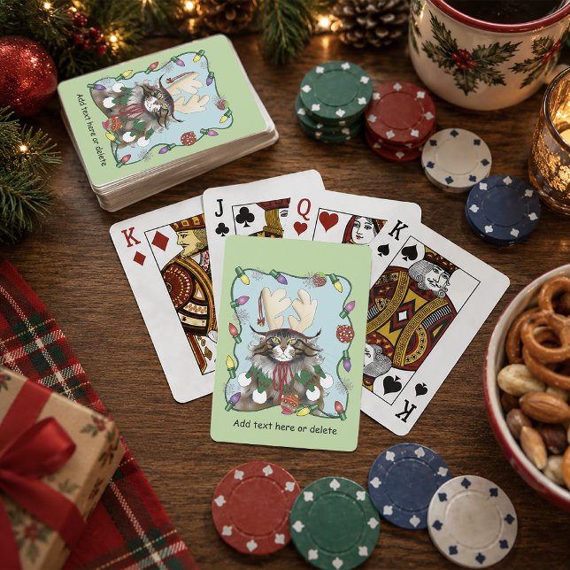 Cheeky Christmas Cat Humour Maine Coon Green Funny Playing Cards (Creator Uploaded)