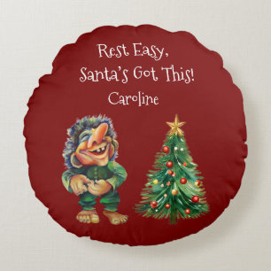 Cheeky Christmas Troll and Tree Delight  Round Cushion