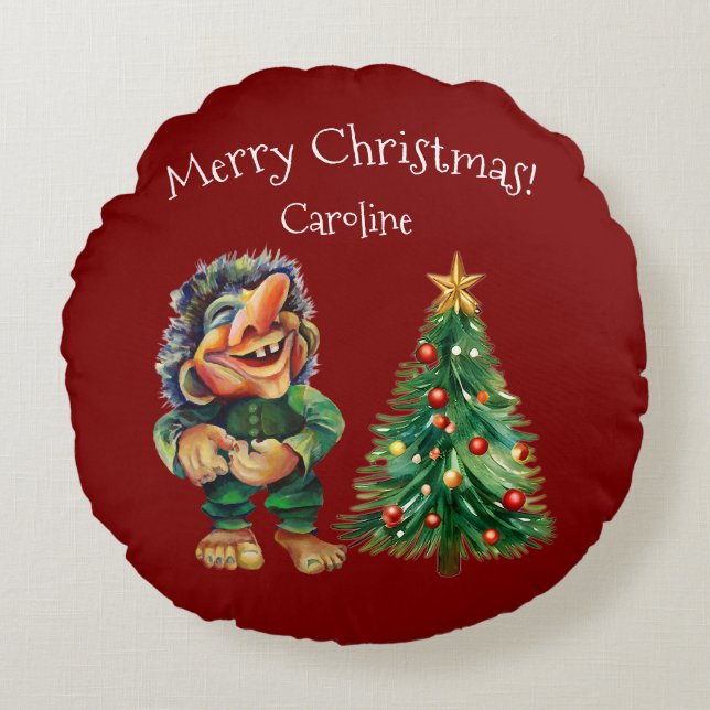 Cheeky Christmas Troll and Tree Delight  Round Cushion (Front)