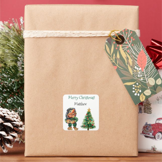 Cheeky Christmas Troll and Tree Delight  Square Sticker (Holiday)