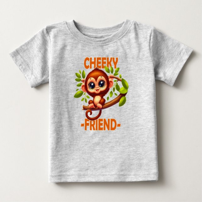 Cheeky Friend pun Cute Baby Monkey on tree cartoon Baby T-Shirt (Front)