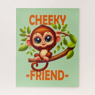 Cheeky Friend pun Cute Baby Monkey on tree cartoon Jigsaw Puzzle