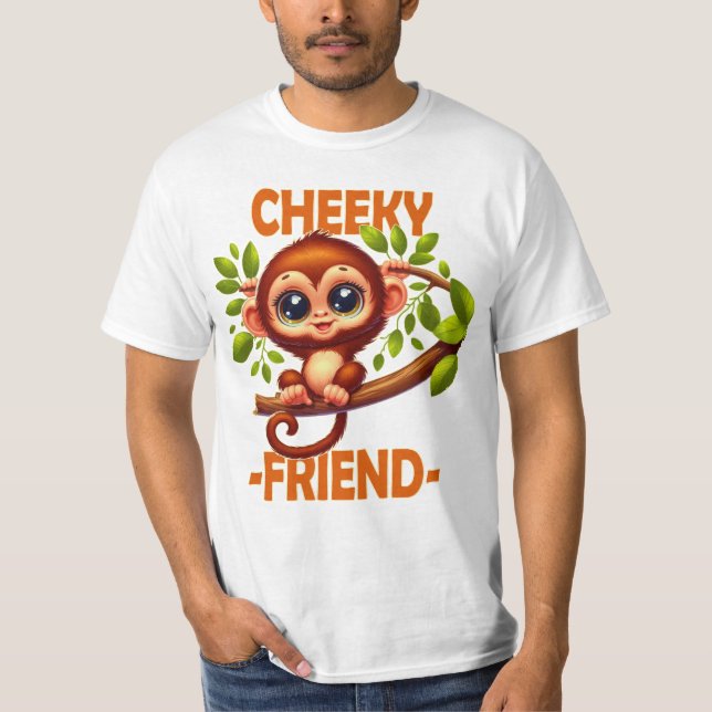 Cheeky Friend pun Cute Baby Monkey on tree cartoon T-Shirt (Front)