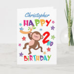 Cheeky Monkey 2nd Birthday Card<br><div class="desc">A special 2nd birthday card! This bright fun second birthday card features a cheeky monkey, some pretty stars and colourful text. A cute design for someone who will be two years old. Add the 2nd birthday child's name to the front of the card to customise it for the special boy...</div>