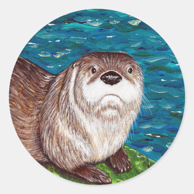 Cheeky River Otter painting Classic Round Sticker (Front)