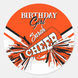 Cheer Birthday - Orange, Black and White Classic Round Sticker