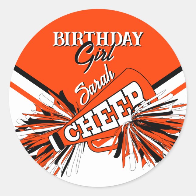 Cheer Birthday - Orange, Black and White Classic Round Sticker (Front)