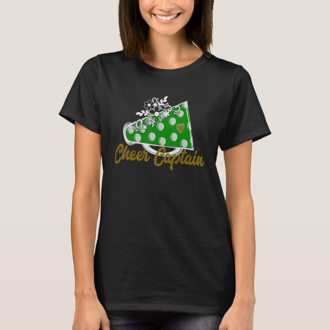 Cheer Captain  Green Megaphone Heart Flower Accent T-Shirt (Front)
