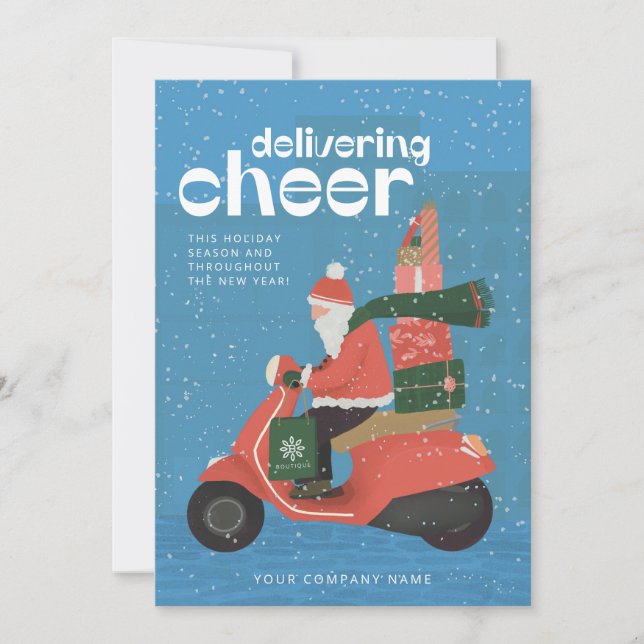 Cheer Delivery Santa Scooter Business Holiday Card (Front)