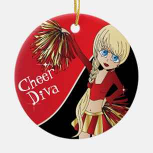 Cheer 📣💖 Diva Red Cheerleader Girl Ceramic Tree Decoration