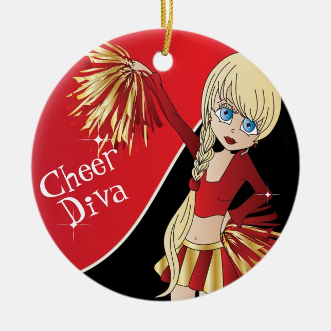 Cheer 📣💖  Diva Red Cheerleader Girl Ceramic Tree Decoration (Front)