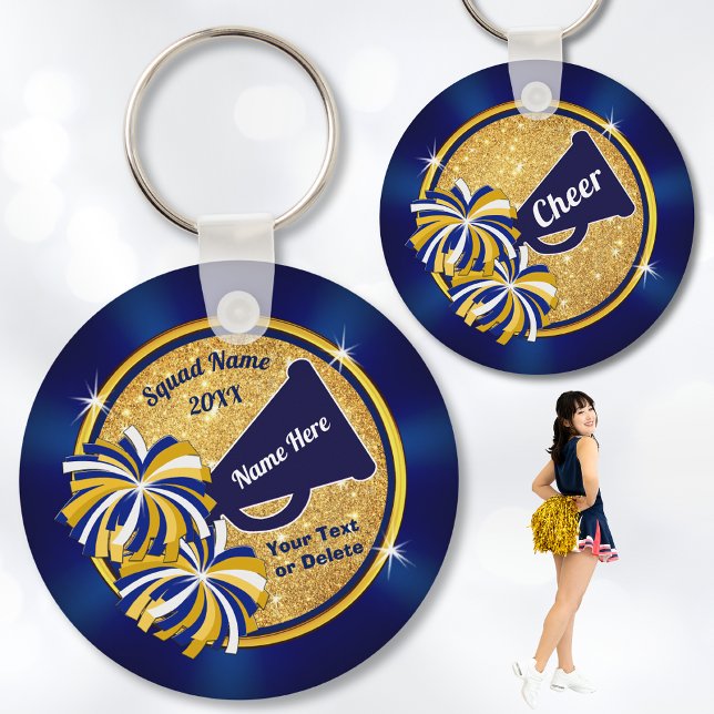 Cheer Gift Ideas Competition or Cheer Favours Key Ring (Cheap, Cheerleading Souvenirs. Cheer squad gift ideas or Cheerleading Championship Gifts. Blue Gold.)