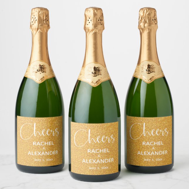 CHEER Gold Glitter Wedding Sparkling Wine Labels (Bottles)