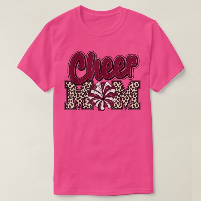 Cheer Mom Maroon Leopard Letters Cheer Pom Poms  T-Shirt (Design Front)
