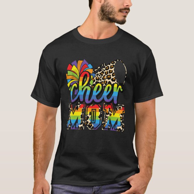 Cheer Mom Rainbow Leopard Cheer Poms & Megaphone T-Shirt (Front)