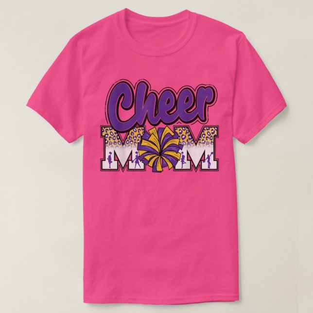 Cheer Mum Purple Gold Leopard Letters Cheer Pom Po T-Shirt (Design Front)