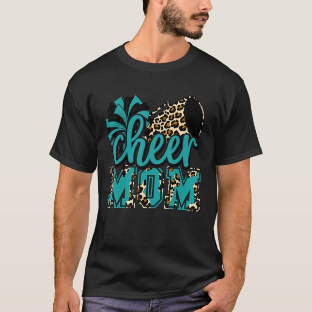 Cheer Mum Teal Leopard Cheer Poms & Megaphone T-Shirt (Front)