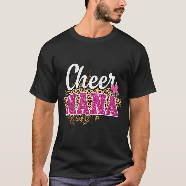 Cheer Nana Biggest Fan Leopard Print And Pom Pom T-Shirt (Front)