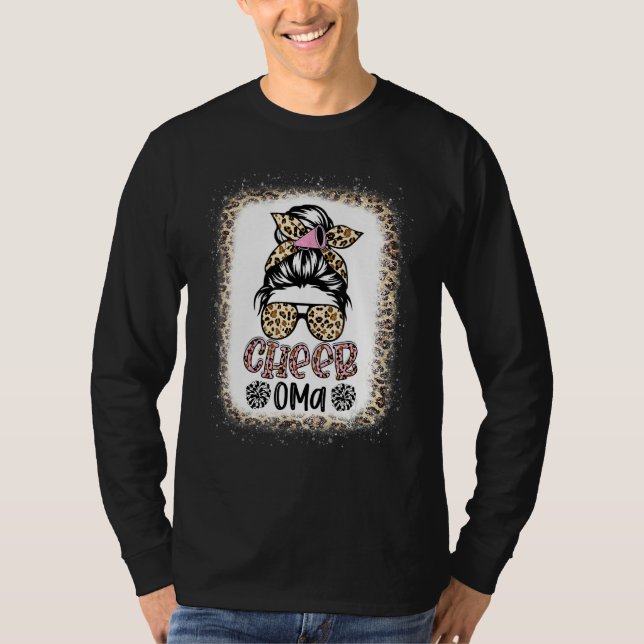 Cheer Oma Leopard Messy Bun Cheerleader Bleached T-Shirt (Front)