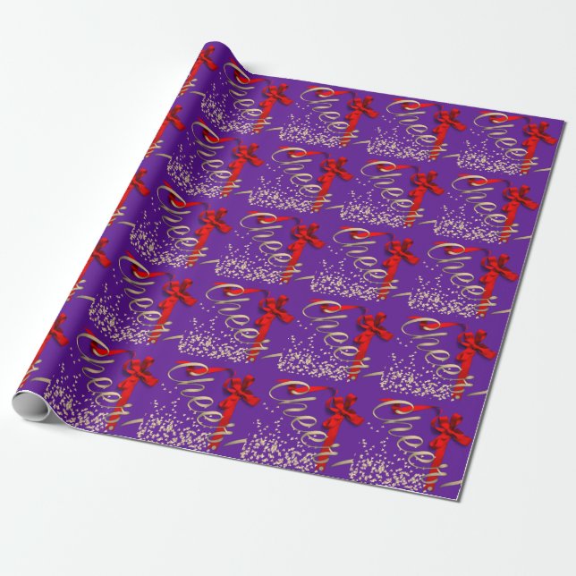 Cheer Purple with Red Bow Christmas Wrapping Paper (Unrolled)