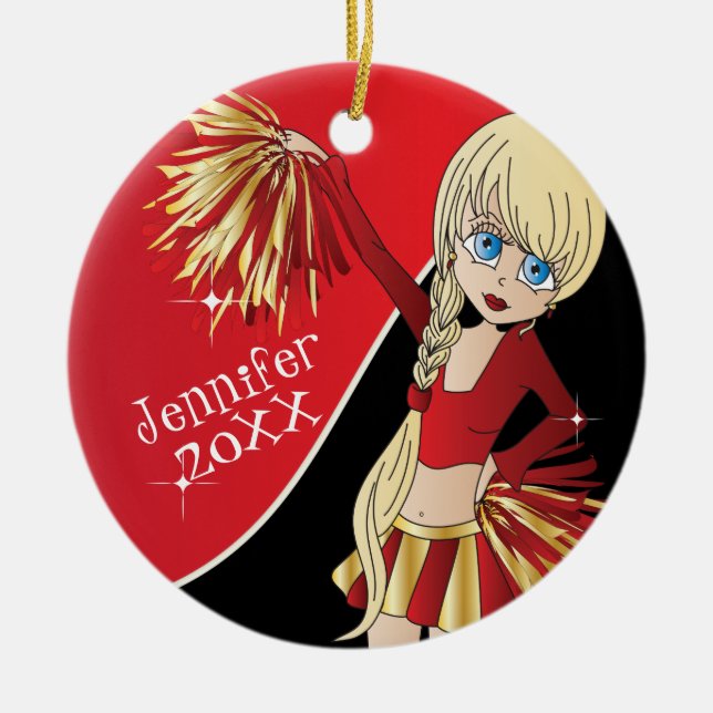 Cheer 📣💖 Red Cheerleader Girl Ceramic Tree Decoration (Front)