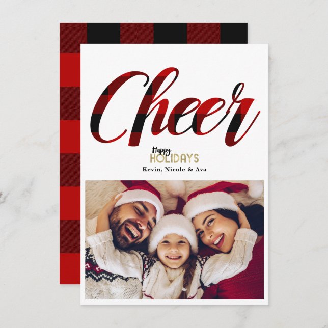 CHEER Red Plaid Christmas Holiday Photo Card (Front/Back)