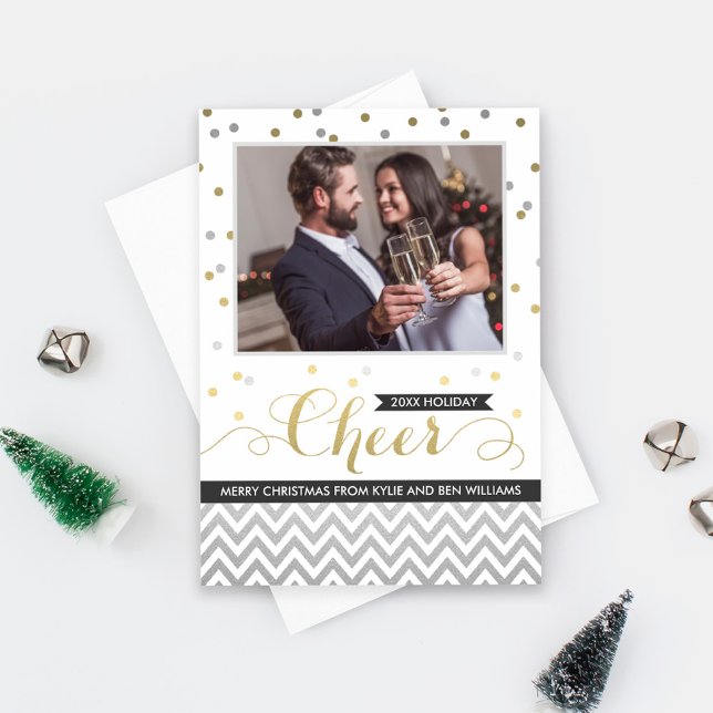Cheer Silver and Gold Confetti Wedding Photo Holiday Card (Creator Uploaded)