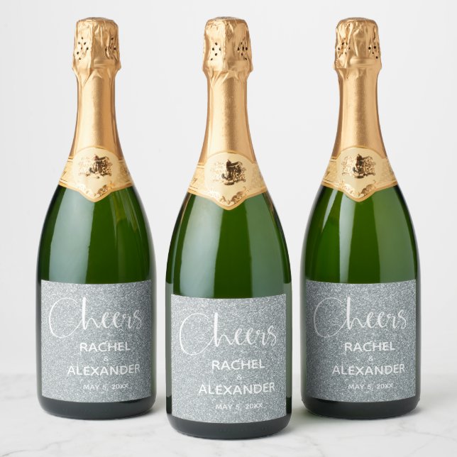 CHEER Silver Glitter Wedding Sparkling Wine Labels (Bottles)