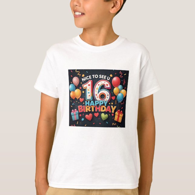 Cheerful 16th Birthday Greeting with Heart Boys'  T-Shirt (Front)