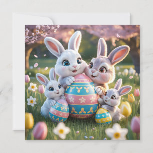 Cheerful 3D Bunny Family with an Easter Egg Card