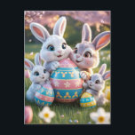 Cheerful 3D Bunny Family with an Easter Egg Postcard<br><div class="desc">A heartwarming and vibrant 3D digital illustration of a happy bunny family celebrating Easter in a sunlit meadow. Two large rabbits and two smaller bunnies gather around a giant, ornately decorated Easter egg featuring blue, pink, and yellow patterns. The scene is filled with blooming tulips, daffodils, and falling cherry blossom...</div>
