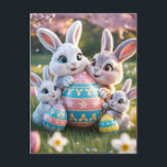 Cheerful 3D Bunny Family with an Easter Egg Postcard<br><div class="desc">A heartwarming and vibrant 3D digital illustration of a happy bunny family celebrating Easter in a sunlit meadow. Two large rabbits and two smaller bunnies gather around a giant, ornately decorated Easter egg featuring blue, pink, and yellow patterns. The scene is filled with blooming tulips, daffodils, and falling cherry blossom...</div>