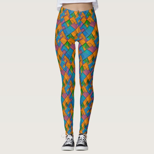 Cheerful Abstract Quilt Style Patchwork Colours Leggings (Front)