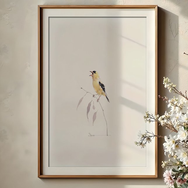 Cheerful American Goldfinch Singing Watercolor Art Poster (Creator Uploaded)