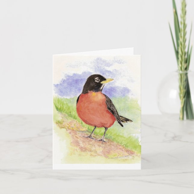 Cheerful American Robin Watercolor Bible Scripture Card (Front)