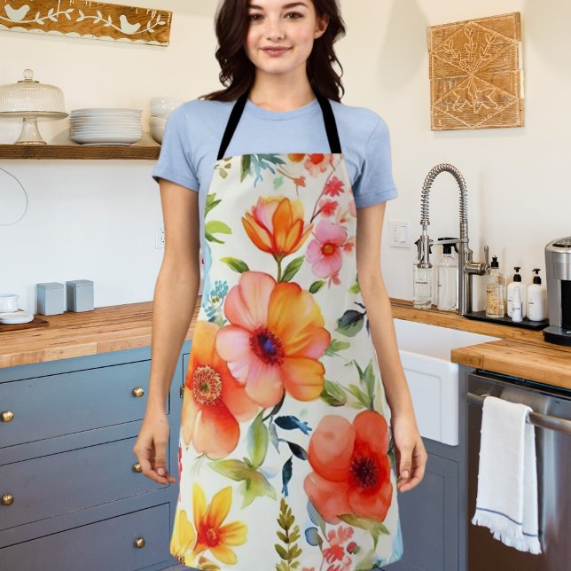 Cheerful and Bright Watercolor Poppy Floral Apron (Creator Uploaded)
