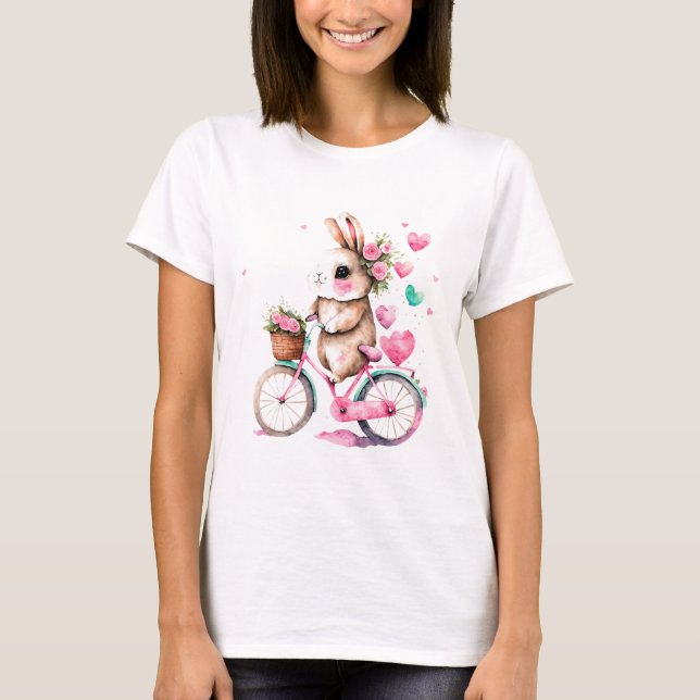 Cheerful and Romantic Bunny Rabbit on Bicycle T-Shirt (Front)