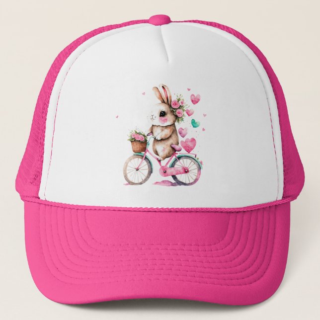 Cheerful and Romantic Bunny Rabbit on Bicycle Trucker Hat (Front)