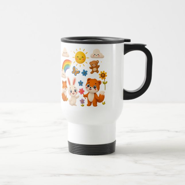 Cheerful Animals and Rainbow Travel Mug (Right)