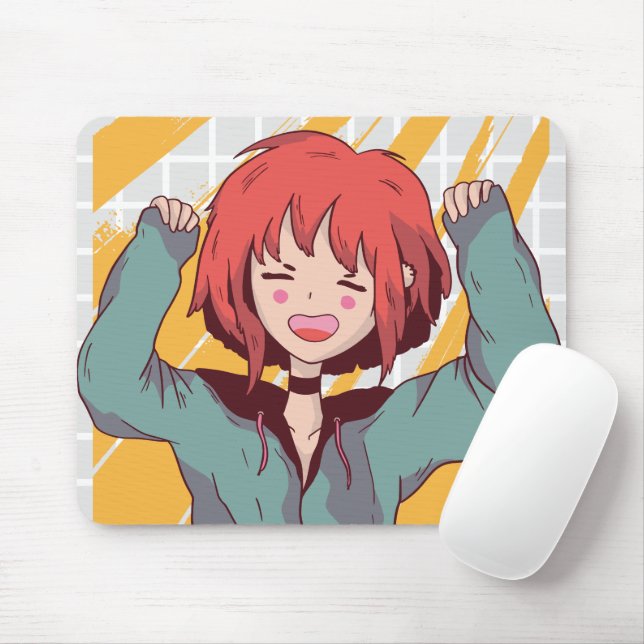 Cheerful Anime Girl Grid Mouse Pad (With Mouse)