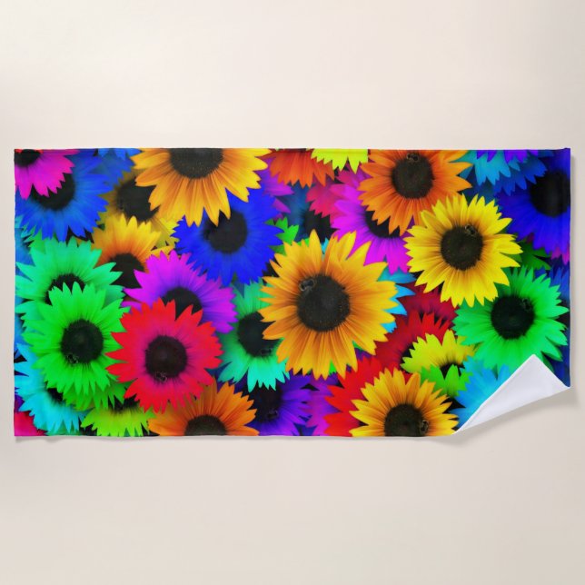 Cheerful Array of Colourful Sunflowers Beach Towel (Front)