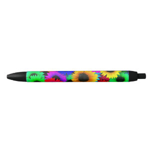 Cheerful Array of Colourful Sunflowers Black Ink Pen