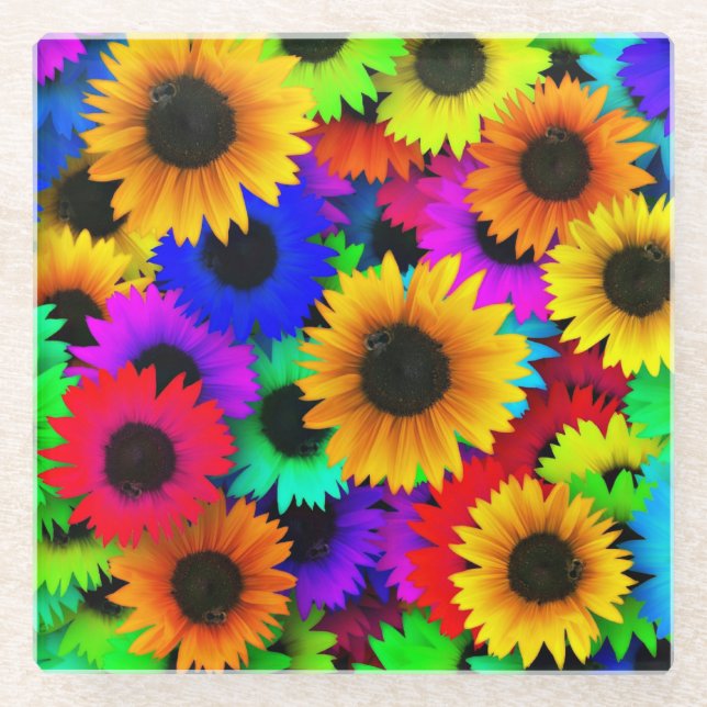 Cheerful Array of Colourful Sunflowers Glass Coaster (Front)