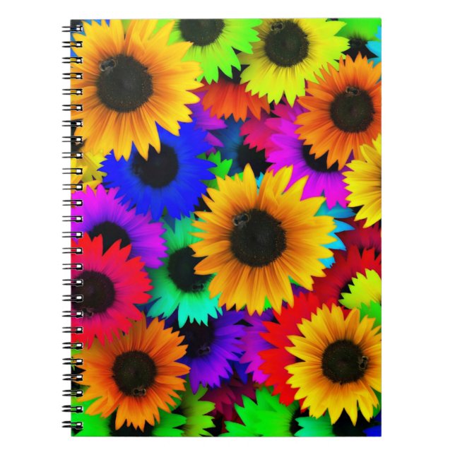 Cheerful Array of Colourful Sunflowers Notebook (Front)