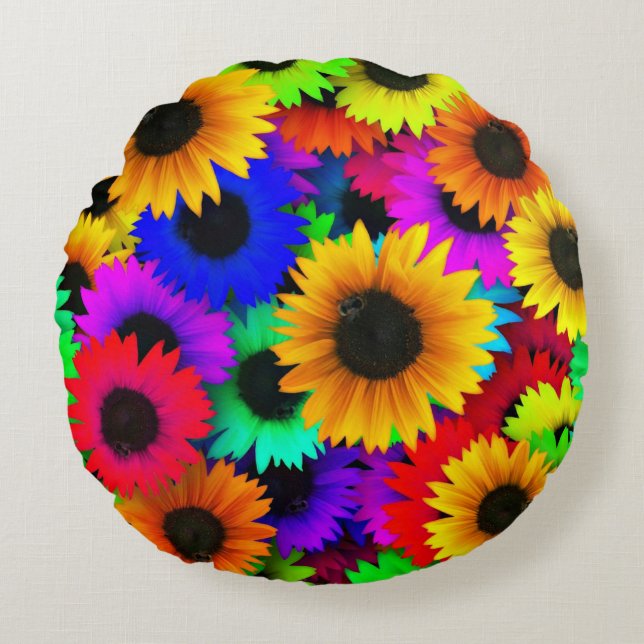 Cheerful Array of Colourful Sunflowers Round Cushion (Front)