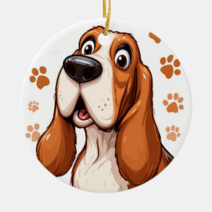 Cheerful Basset Dog with Orange Pawprints Ceramic Tree Decoration