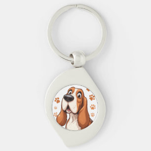Cheerful Basset Dog with Orange Pawprints Key Ring