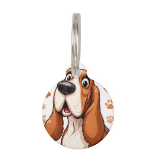 Cheerful Basset Dog with Orange Pawprints Pet Tag