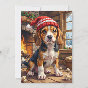 Cheerful Beagle Puppy in Stocking Cap Cosy Holiday Card
