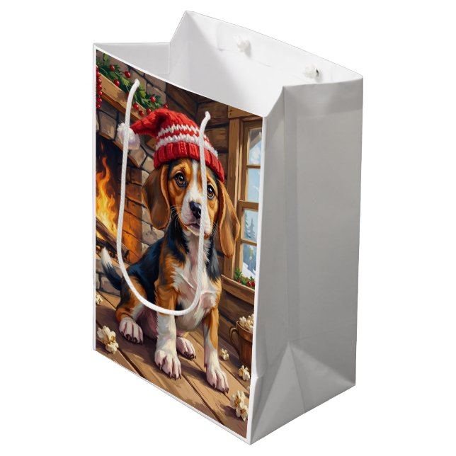 Cheerful Beagle Puppy in Stocking Cap Cosy Medium Gift Bag (Front Angled)